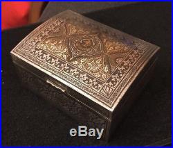 Antique Vtg Islamic Deccan Brass Silver Inlay Wood Azincourt Domed Casket Box