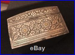 Antique Vtg Islamic Deccan Brass Silver Inlay Wood Azincourt Domed Casket Box