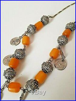 Antique Yemen Bakelite Necklace Silver Ball Filigree Beads Middle East Tribal