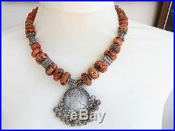 Antique Yemen coral and silver pendant necklace, Maria Theresia Thaler, Yemen