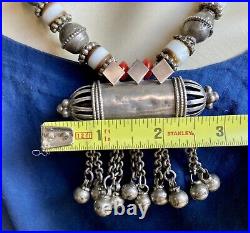 Antique Yemeni Hirz Amulet Box Talisman Coral & Glass Paste Silver Beads