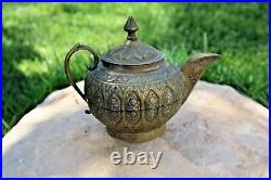 Antique ancient brass teapot handmade needle engraving middle eastern