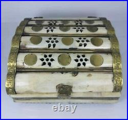 Antique early19th century, Wooden Box Inlaid With Camel bone and brass, handmade