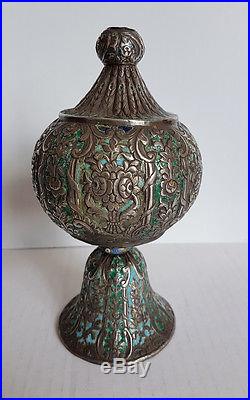 Antique islamic Ottoman silver enamel rosewater sprinkler