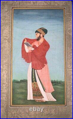 Antique islamic mughal handmade miniature painting of prince on paper, 19th C