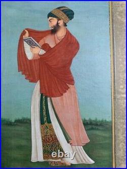 Antique islamic mughal handmade miniature painting of prince on paper, 19th C