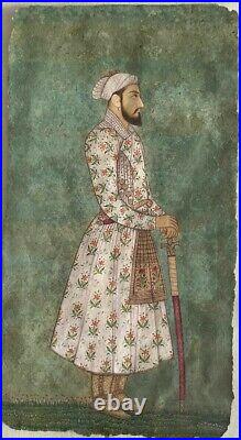 Antique islamic mughal miniature painting depecting mughal emperor 19th C