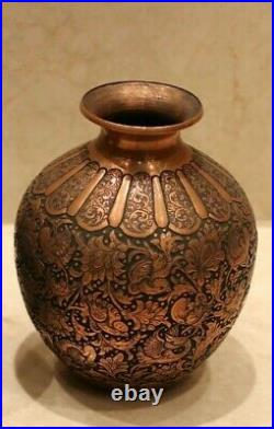 Antique luxury copper vase bowl handmade persian Isfahan qalam zani qajar