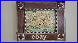 Antique middle eastern painting on board with mosaic inlay wood frame, signed