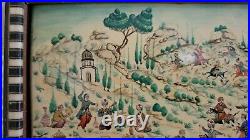 Antique middle eastern painting on board with mosaic inlay wood frame, signed