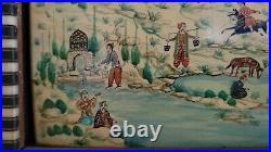 Antique middle eastern painting on board with mosaic inlay wood frame, signed