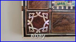 Antique middle eastern painting on board with mosaic inlay wood frame, signed