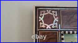 Antique middle eastern painting on board with mosaic inlay wood frame, signed