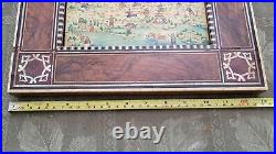 Antique middle eastern painting on board with mosaic inlay wood frame, signed