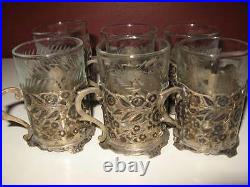 Antique old vintage persian silver tea set of 6 floral design cup with glass