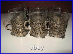 Antique old vintage persian silver tea set of 6 floral design cup with glass