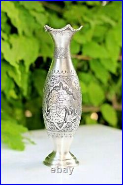 Antique silver 84 vase handmade Qalam Zani Qajar Middle Eastern
