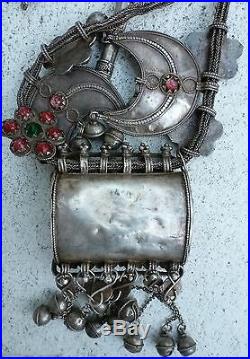 (B) Antique HUGE Silver HORSE Necklace Wedding Bedouin Yemen Prayer Box Amulet