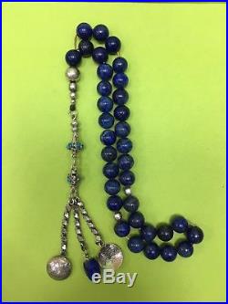 BEAUTIFUL OLD REAL natural lapis lazuli Islamic Prayer Beads 33 Silver Tassel