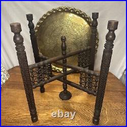 Beautiful Vintage Middle Eastern Brass Table with Wooden Stand -Diameter