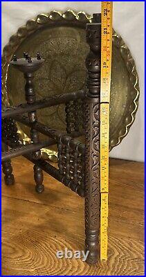 Beautiful Vintage Middle Eastern Brass Table with Wooden Stand -Diameter