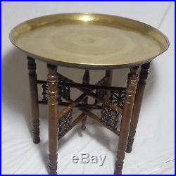Beautiful Vintage Middle Eastern Brass Table with Wooden Stand -Diameter 57 cm