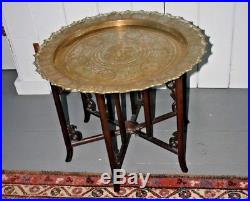 Brass Chinese engraved tray folding wood Table Antique Asian Bronze