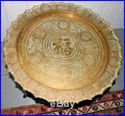 Brass Chinese engraved tray folding wood Table Antique Asian Bronze