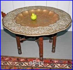 Brass Islamic Persian tray folding carved wood Table Antique Moroccan Bronze