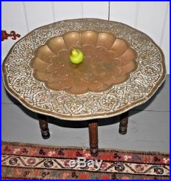 Brass Islamic Persian tray folding carved wood Table Antique Moroccan Bronze