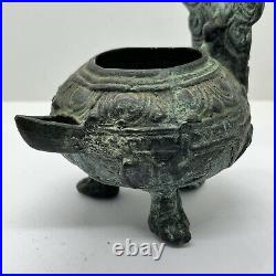 Central Asian Or Middle Eastern Antique Metal Oil Lamp On Stand Collectible A