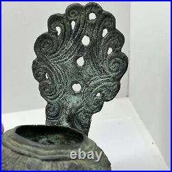 Central Asian Or Middle Eastern Antique Metal Oil Lamp On Stand Collectible A