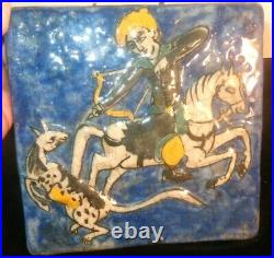 Circa 1870 Qajar Iznik Indo Persian Glazed Tile of Hunter withBow on Horse withPrey