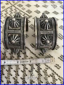 EXTREMELY RARE Pair Of Antique Bedouin Sterling Silver Spike Cuff Bracelets
