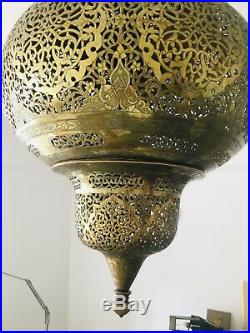 Early 20thC, Islamic, Middle Eastern, pierced hanging brass Mosque lantern, 90cm