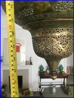 Early 20thC, Islamic, Middle Eastern, pierced hanging brass Mosque lantern, 90cm