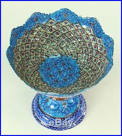 FINE Antique Islamic MINAKARI Mina Enamel on Copper Raised Bowl Compote