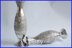 Fine Pair Antique Vintage Signed Persian Islamic Hand Carved Solid Silver Vases