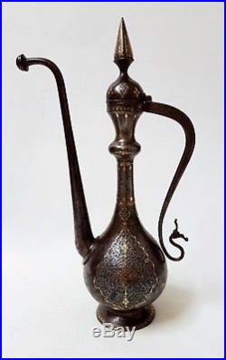 FINEST ANTIQUE 19th C PERSIAN QAJAR HAND CHISELED GOLD INLAID STEEL EWER C1840s
