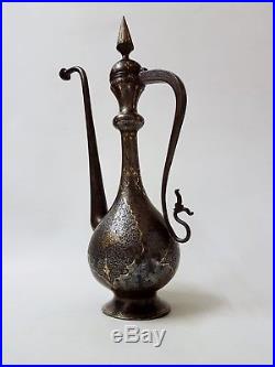 FINEST ANTIQUE 19th C PERSIAN QAJAR HAND CHISELED GOLD INLAID STEEL EWER C1840s