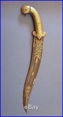 Fine Antique Indo Persian Indian Gold Damascene Mughul Dagger Birds Head