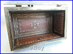 Fine Antique Islamic Damascene Brass Copper Silver Marquetry Wood Interior Box