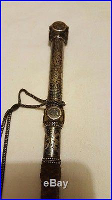 Fine Antique Islamic Niello Silver Leather Whip Ottoman Turkish