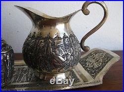 Fine Antique Persian Safavid Ornate Sterling Silver Cream & Sugar Tea Set & Tray