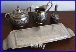 Fine Antique Persian Safavid Ornate Sterling Silver Cream & Sugar Tea Set & Tray