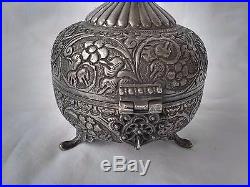 Fine Antique Persian Silver Footed Casket/ Covered Box with Peacock Finial
