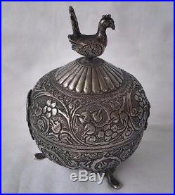 Fine Antique Persian Silver Footed Casket/ Covered Box with Peacock Finial