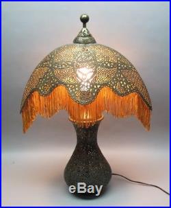 Fine Antique SYRIAN PERSIAN Hand-Hammered Brass Lamp with Fringe Shade c. 1930