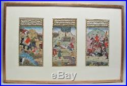 Fine Set of 3 Framed 18th C. PERSIAN ILLUMINATED Watercolor Gouache Paintings