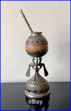 Fine Vintage Argentinian Silver Yerba Mate Cup With A Silver And 18k Gold Straw